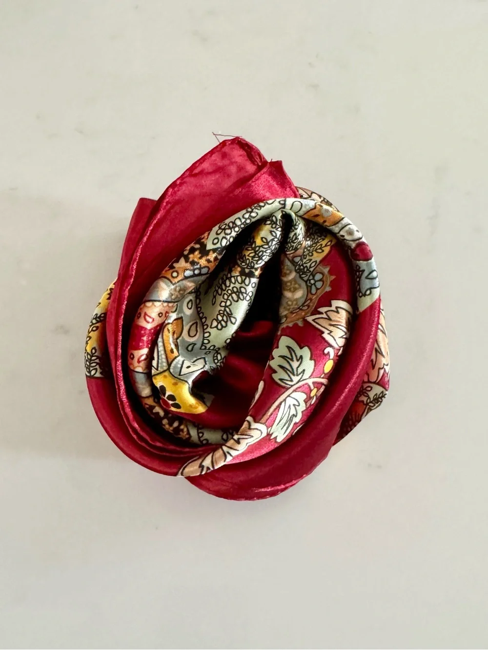 Boho Paisley Print Silky Satin Square Neck Scarf, Red Maroon Burgundy & Gold
